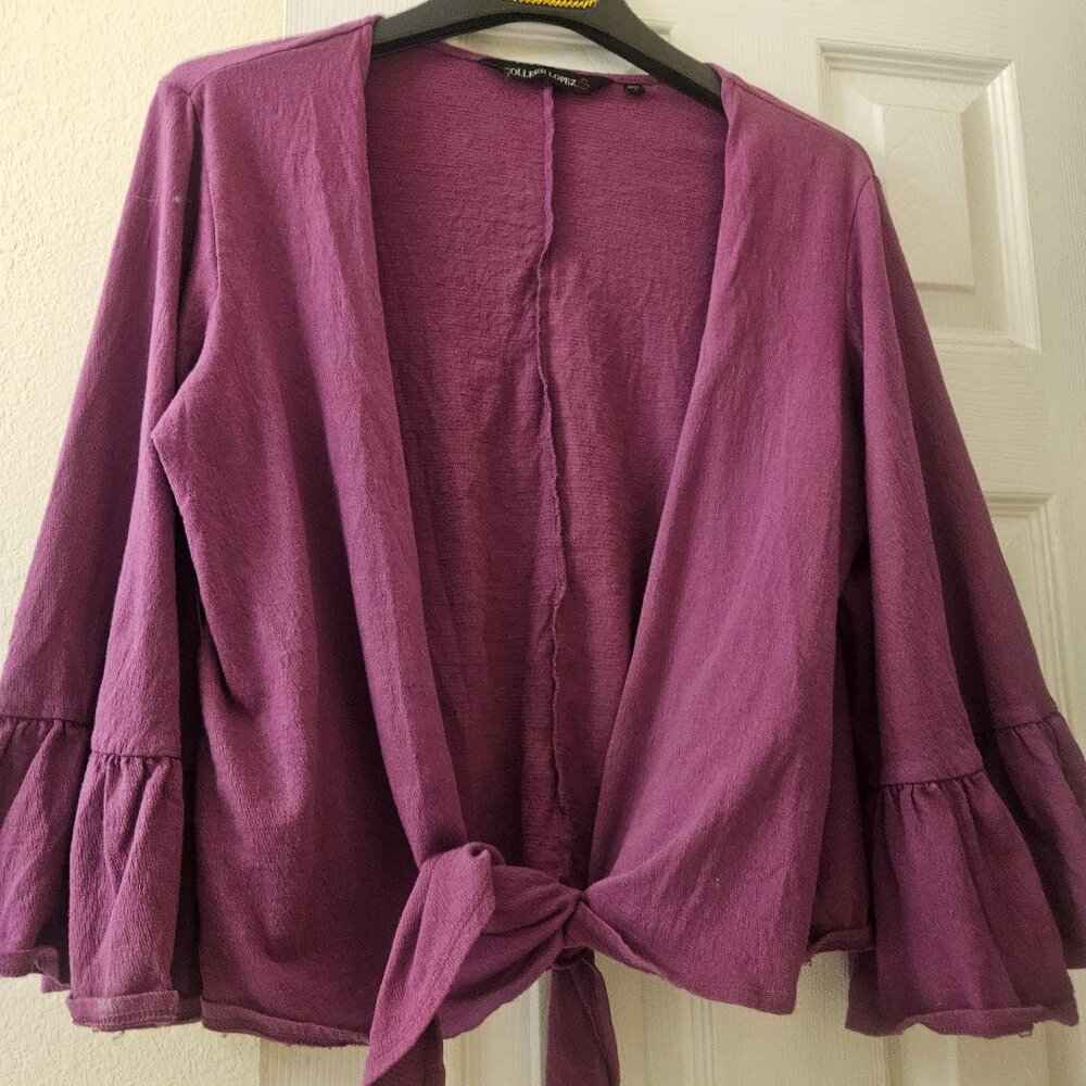 Boho Crop flowy belle sleeves purple tie Cardigan Whimsygoth shrug wrap L